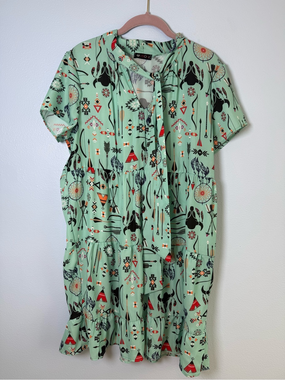 Mint Green Printed Short Sleeve Tiered Dress